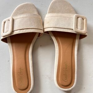 Chic Cream Mod Slide Sandals 7 buckle mod retro 60s style faux suede leather